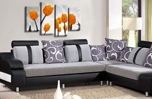 LR Floral Rose Tulip Wall Art Picture Flower Grey Orange Framed Split Print Ready to Hang