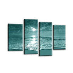 LR Sunset Beach Wall Art Picture – Teal & Cream Seascape Framed 4 Panel Split Canvas Print | Ready to Hang | Modern Wall Art for Living Room, Bedroom & Office