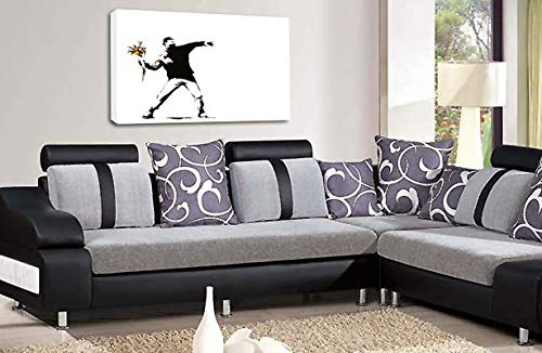 LR Banksy Flower Thrower Art Print Grey White Graffiti Framed Canvas Wall Picture Ready to Hang