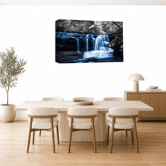 LR Blue Waterfall Wall Art Picture – Grey & White Forest Framed Canvas Print | Ready to Hang | Modern Wall Art for Living Room, Bedroom & Office