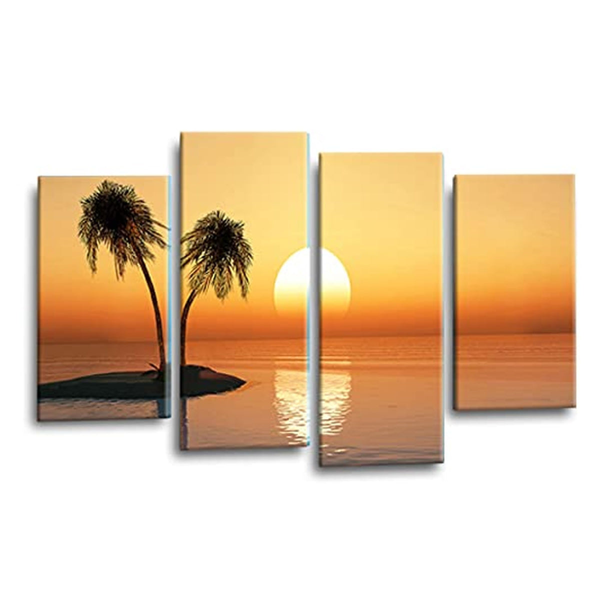 LR Sunset Beach Wall Art Picture – Teal Seascape Framed 4 Panel Split Canvas Print | Ready to Hang | Modern Wall Art for Living Room, Bedroom & Office