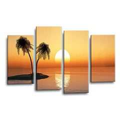 LR Sunset Beach Wall Art Picture – Teal Seascape Framed 4 Panel Split Canvas Print | Ready to Hang | Modern Wall Art for Living Room, Bedroom & Office