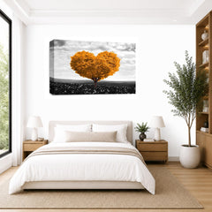 LR Floral Love Heart Tree Wall Art Picture – Grey & Orange Framed Canvas Print | Ready to Hang | Modern Wall Art for Living Room, Bedroom & Office