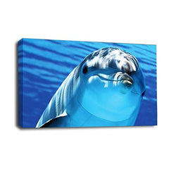 LR Swimming Blue Dolphin Wall Art Picture – Seascape Framed Canvas Print | Ready to Hang | Modern Wall Art for Living Room, Bedroom & Office
