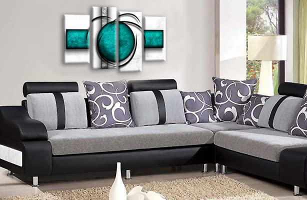 LR Abstract Wall Art Print Teal White Stripes Circles Framed Split Canvas Picture Ready to Hang