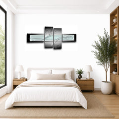 LR Abstract Wall Art Picture – Black, White & Duck Egg Modern Framed 4 Panel Split Canvas Print | Ready to Hang | Modern Wall Art for Living Room, Bedroom & Office