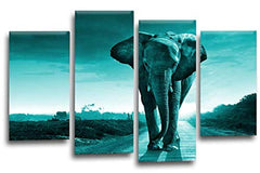 LR Elephant Sunset Wall Art Picture Teal Grey Animal Africa Framed Split Canvas Print Ready to Hang
