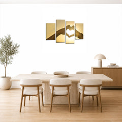 LR Sunset Love Heart Wall Art Picture – Yellow & Gold Framed 4 Panel Split Canvas Print | Ready to Hang | Modern Wall Art for Living Room, Bedroom & Office