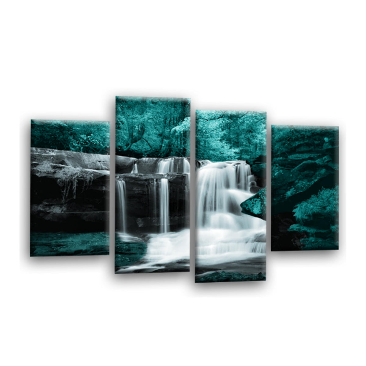 LR Teal Waterfall Wall Art Picture – Black & White Forest Framed 4 Panel Split Canvas Print | Ready to Hang | Modern Wall Art for Living Room, Bedroom & Office