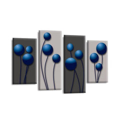 LR Blue Floral Rose Wall Art Picture – Grey Framed 4 Panel Split Canvas Print | Ready to Hang | Modern Wall Art for Living Room, Bedroom & Office