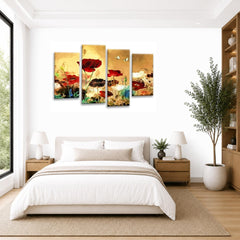 LR Floral Rose Poppy Wall Art Picture – Red & Cream Framed 4 Panel Split Canvas Print | Ready to Hang | Modern Wall Art for Living Room, Bedroom & Office