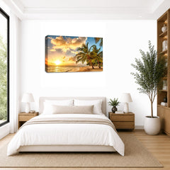 LR Sunset Beach Tropical Wall Art Picture – Seascape Framed Canvas Print | Ready to Hang | Modern Wall Art for Living Room, Bedroom & Office
