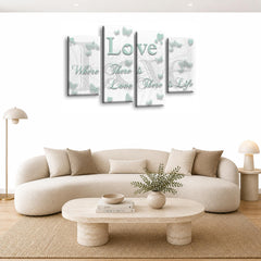 LR Love Quote Wall Art Picture – White & Duck Egg Framed 4 Panel Split Canvas Print | Ready to Hang | Modern Wall Art for Living Room, Bedroom & Office