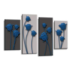 LR Floral Rose Wall Art Picture – Grey & Blue Framed 4 Panel Split Canvas Print | Ready to Hang | Modern Wall Art for Living Room, Bedroom & Office