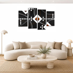 LR Brown Abstract Wall Art Picture – Black & White Modern Framed 4 Panel Split Canvas Print | Ready to Hang | Modern Wall Art for Living Room, Bedroom & Office