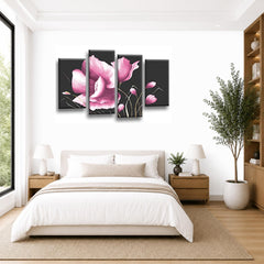 LR Floral Rose Grey Pink Flower Wall Art Picture Framed 4 Panel Split Canvas Print | Ready to Hang | Modern Wall Art for Living Room, Bedroom & Office
