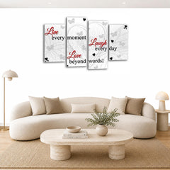 LR Live Laugh Wall Art Picture – Red & White Love Quote Framed 4 Panel Split Canvas Print | Ready to Hang | Modern Wall Art for Living Room, Bedroom & Office