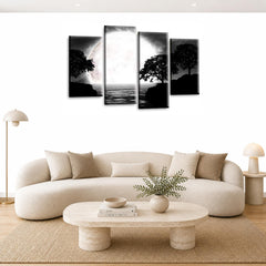 LR Landscape Wall Art Picture – Grey, Black & White Floral Framed 4 Panel Split Canvas Print | Ready to Hang | Modern Wall Art for Living Room, Bedroom & Office