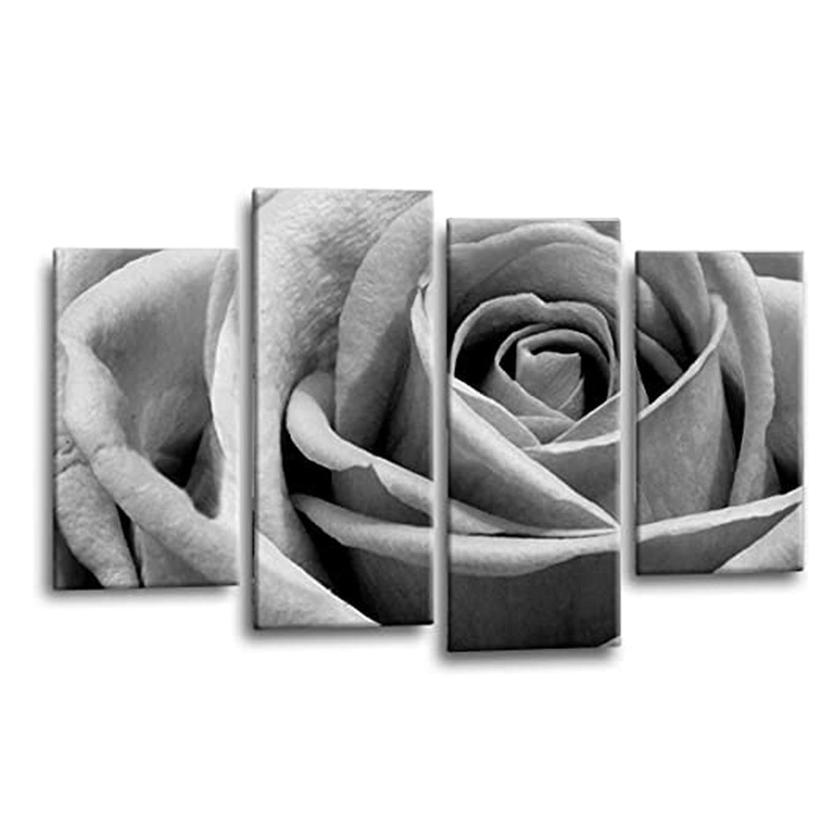 LR Floral Grey Rose Love Art Wall Art Picture – White Framed 4 Panel Split Canvas Print | Ready to Hang | Modern Wall Art for Living Room, Bedroom & Office
