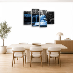 LR Forest Waterfall Wall Art Picture – Grey, Blue & Black Framed 4 Panel Split Canvas Print | Ready to Hang | Modern Wall Art for Living Room, Bedroom & Office