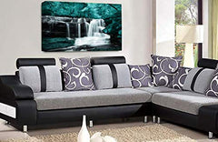 LR Teal Waterfall Canvas Wall Art Picture Forest Landscape Grey White Framed Print Ready to Hang