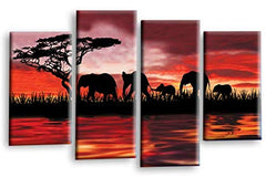 LR Elephant Sunset Canvas Art Picture Red Orange Black Africa Animal Home Split Wall Panel Print