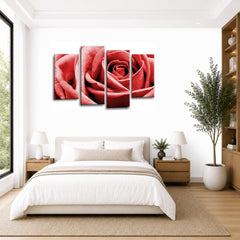 LR Wall Art Floral Red Rose Artwork Set of 4 Wall Art Picture Framed 4 Panel Split Canvas Print | Ready to Hang | Modern Wall Art for Living Room, Bedroom & Office