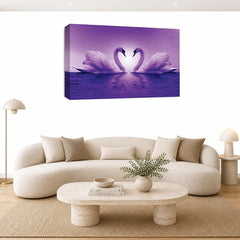 LR Love Heart Swans Wall Art Picture – Purple & White Framed Canvas Print | Ready to Hang | Modern Wall Art for Living Room, Bedroom & Office