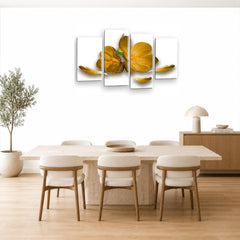 LR Floral Rose Orchid Wall Art Picture – White & Mustard Framed 4 Panel Split Canvas Print | Ready to Hang | Modern Wall Art for Living Room, Bedroom & Office