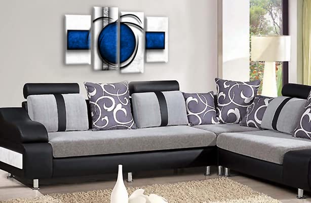 LR Abstract Wall Art Print Blue White Stripes Circles Framed Split Canvas Picture Ready to Hang