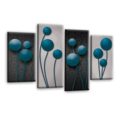 LR Teal Floral Rose Wall Art Picture – Grey Framed 4 Panel Split Canvas Print | Ready to Hang | Modern Wall Art for Living Room, Bedroom & Office