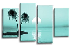 LR Sunset Beach Wall Art Picture Teal Palm Trees Island Framed Split Panel Canvas Ready to Hang