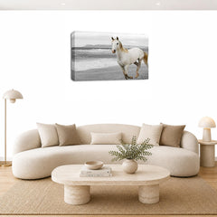 LR White Horse Running Wall Art Picture – Animal Framed Canvas Print | Ready to Hang | Modern Wall Art for Living Room, Bedroom & Office