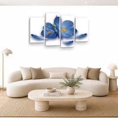 LR Floral Rose Orchid Wall Art Picture – Blue & White Framed 4 Panel Split Canvas Print | Ready to Hang | Modern Wall Art for Living Room, Bedroom & Office