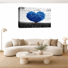 LR Floral Love Heart Tree Wall Art Picture – Grey & Blue Framed Canvas Print | Ready to Hang | Modern Wall Art for Living Room, Bedroom & Office