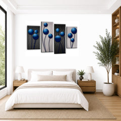 LR Blue Floral Rose Wall Art Picture – Grey Framed 4 Panel Split Canvas Print | Ready to Hang | Modern Wall Art for Living Room, Bedroom & Office