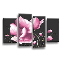 LR Floral Rose Grey Pink Flower Wall Art Picture Framed 4 Panel Split Canvas Print | Ready to Hang | Modern Wall Art for Living Room, Bedroom & Office