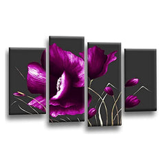 LR Floral Rose Purple Flower Wall Art Picture Framed 4 Panel Split Canvas Print | Ready to Hang | Modern Wall Art for Living Room, Bedroom & Office