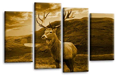 LR Highland Scottish Stag Wall Art Picture Brown Cream Animal Deer Framed Canvas Split Panel Print