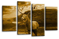 LR Highland Scottish Stag Wall Art Picture Brown Cream Animal Deer Framed Canvas Split Panel Print