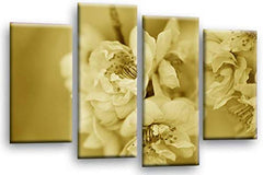 LR Floral Rose Wall Art Picture – Cream & Brown Framed 4 Panel Split Canvas Print | Ready to Hang | Modern Wall Art for Living Room, Bedroom & Office