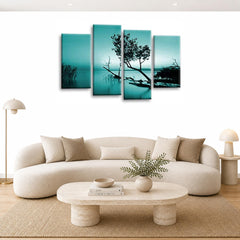 LR Sunset Landscape Lake Wall Art Picture – Teal & Brown Floral Framed 4 Panel Split Canvas Print | Ready to Hang | Modern Wall Art for Living Room, Bedroom & Office