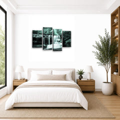 LR Waterfall Forest Wall Art Picture – Grey, White & Duck Egg Framed 4 Panel Split Canvas Print | Ready to Hang | Modern Wall Art for Living Room, Bedroom & Office