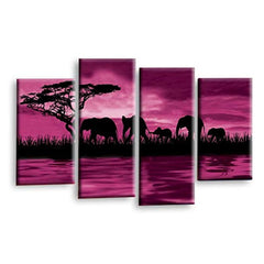 LR Elephant Sunset Wall Art Picture – Purple & Grey African Framed 4 Panel Split Canvas Print | Ready to Hang | Modern Wall Art for Living Room, Bedroom & Office
