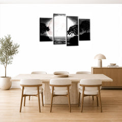 LR Landscape Wall Art Picture – Grey, Black & White Floral Framed 4 Panel Split Canvas Print | Ready to Hang | Modern Wall Art for Living Room, Bedroom & Office