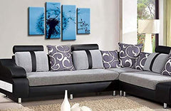 LR Abstract Floral Wall Art Picture – Grey & Blue Framed 4 Panel Split Canvas Print | Ready to Hang | Modern Wall Art for Living Room, Bedroom & Office