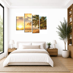 LR Sunset Beach Wall Art Picture – Seascape Framed 4 Panel Split Canvas Print | Ready to Hang | Modern Wall Art for Living Room, Bedroom & Office