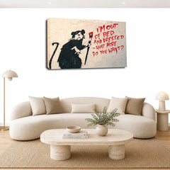 LR Framed Banksy Rat Wall Art Picture – Grey & White Graffiti Art Framed Canvas Print | Ready to Hang | Modern Wall Art for Living Room, Bedroom & Office