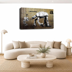 LR Framed Banksy Star Wars Wall Art Picture – Grey & White Graffiti Art Framed Canvas Print | Ready to Hang | Modern Wall Art for Living Room, Bedroom & Office