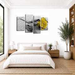 LR Floral Mustard Rose Wall Art Picture – Grey, White Framed 4 Panel Split Canvas Print | Ready to Hang | Modern Wall Art for Living Room, Bedroom & Office